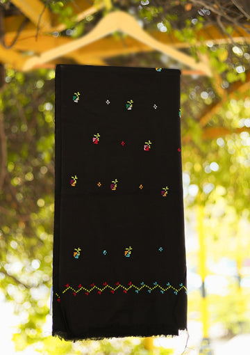 Wool Needle Work Shawl D - 56 - Black