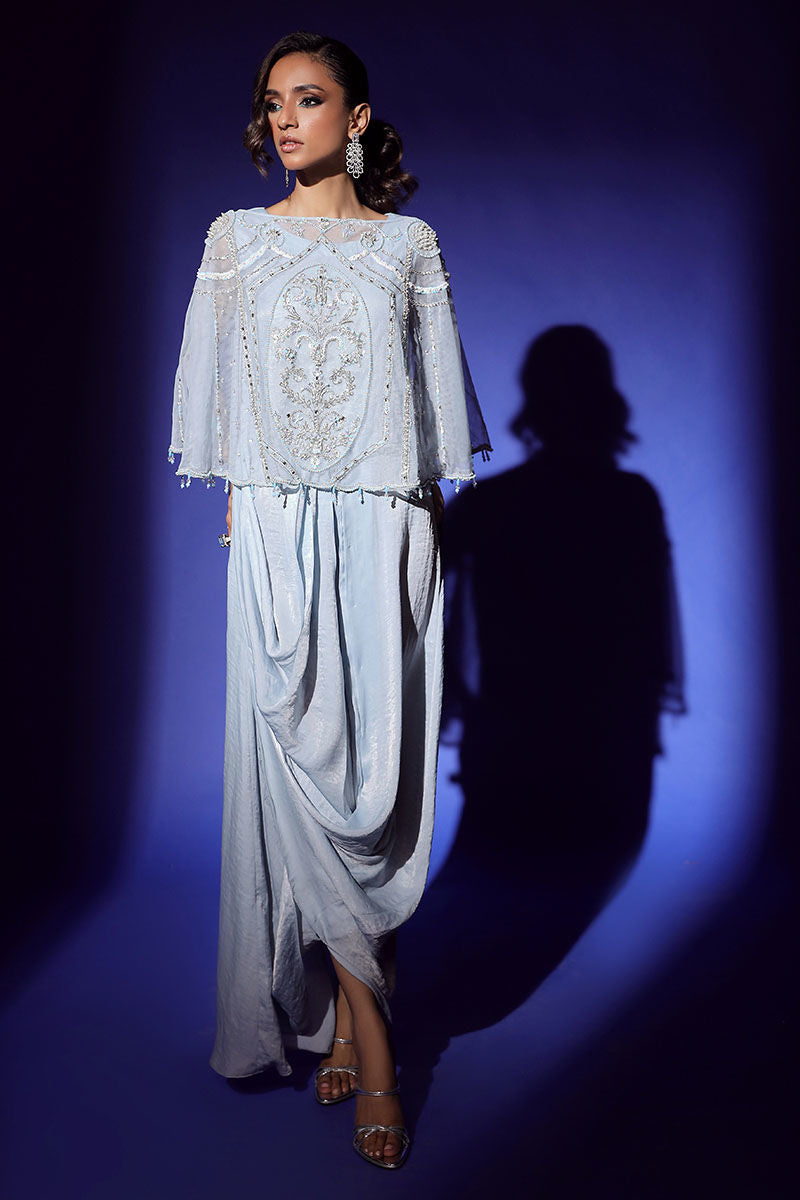 Wardha Saleem | Luxury Pret Fusion Wear | AURA CAPE WITH DRAPE (2PC) - Official Wardha Saleem stockist in UK - Sakeena London