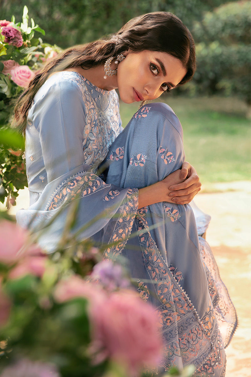Ansab Jahangir | Luxury Silk Pret | PERIWINKLE BLOOM - Official Ansab Jahangir stockist in UK - Sakeena London