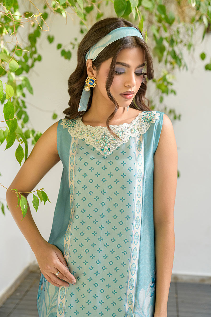 Fatima Khan | Eid Digital Silk Prints | Teal Tropics - Official Fatima Khan stockist in UK - Sakeena London