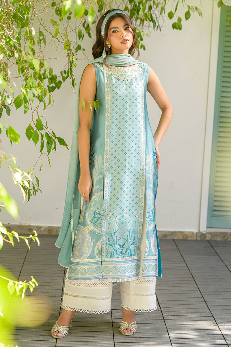 Fatima Khan | Eid Digital Silk Prints | Teal Tropics - Official Fatima Khan stockist in UK - Sakeena London