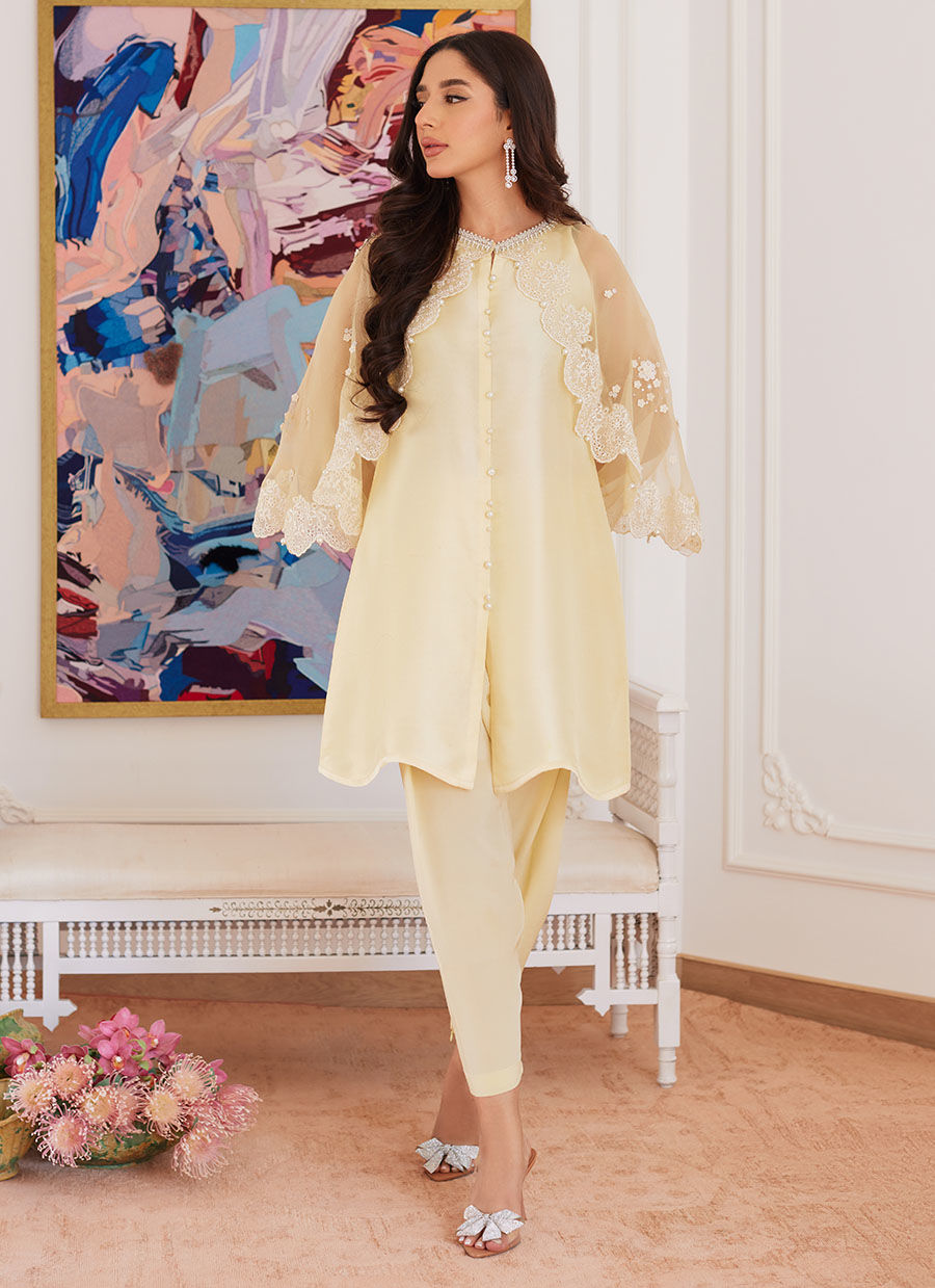 Farah Talib Aziz | Luna Eid Collection 24 | ESMERALDA PASTEL YELLOW - Official Farah Talib Aziz stockist in UK - Sakeena London