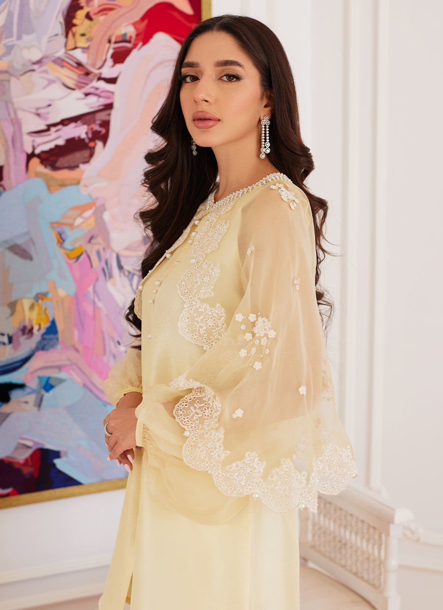 Farah Talib Aziz | Luna Eid Collection 24 | ESMERALDA PASTEL YELLOW - Official Farah Talib Aziz stockist in UK - Sakeena London