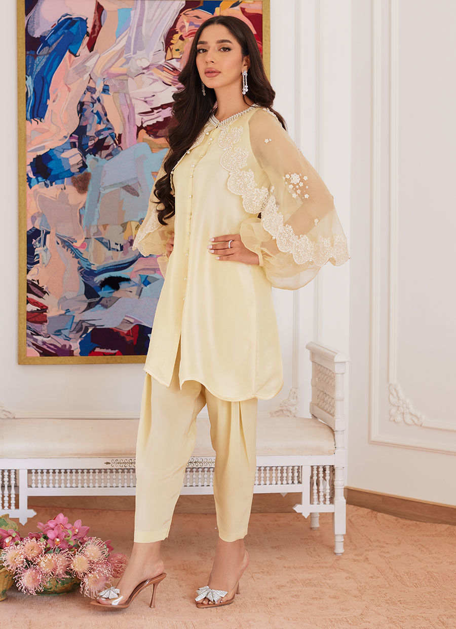 Farah Talib Aziz | Luna Eid Collection 24 | ESMERALDA PASTEL YELLOW - Official Farah Talib Aziz stockist in UK - Sakeena London