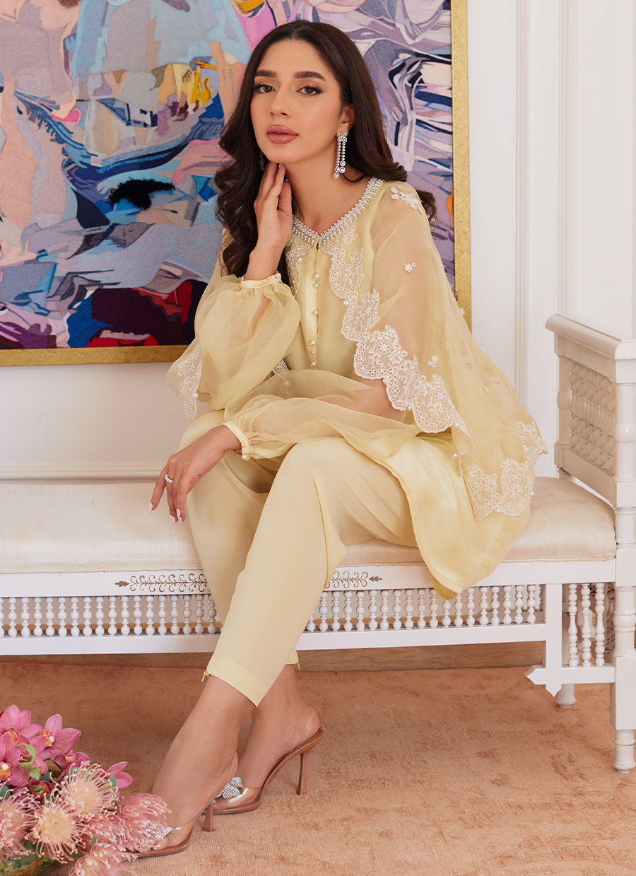 Farah Talib Aziz | Luna Eid Collection 24 | ESMERALDA PASTEL YELLOW - Official Farah Talib Aziz stockist in UK - Sakeena London