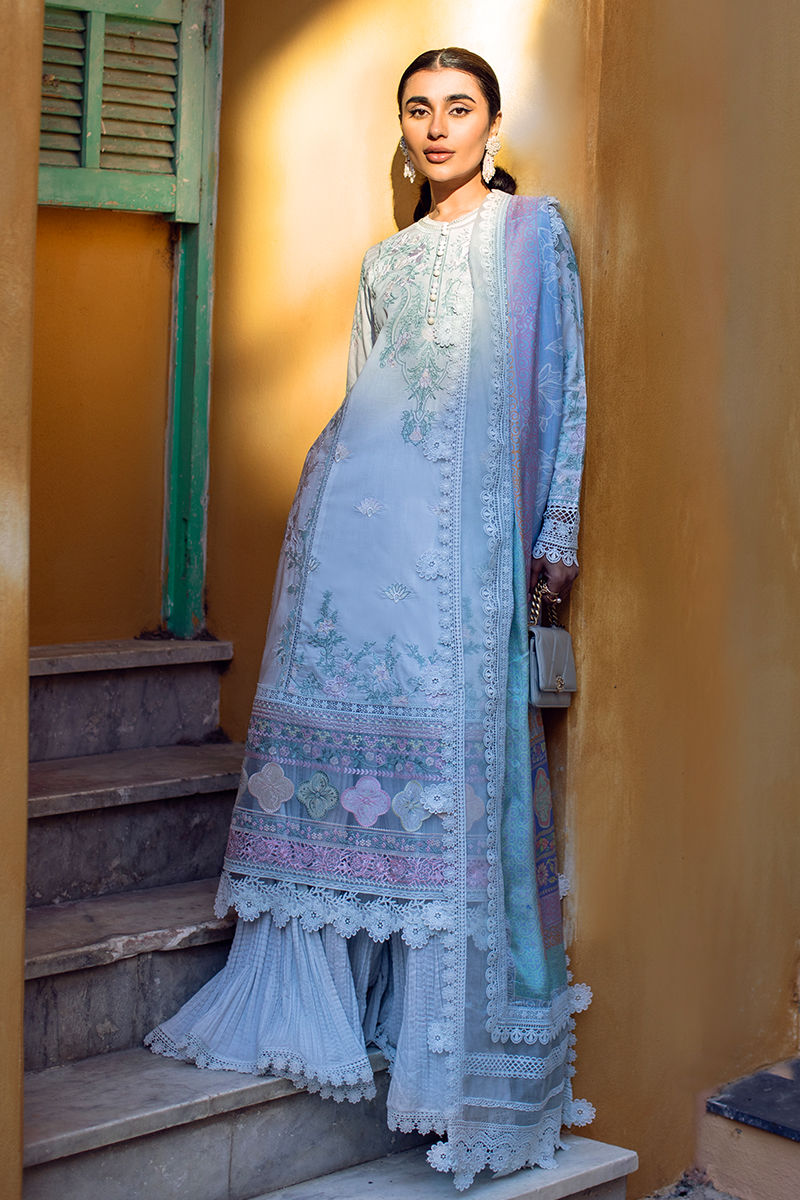 Ansab Jahangir | Zoha Luxury Lawn 25 | Petal Blue - Official Ansab Jahangir stockist in UK - Sakeena London