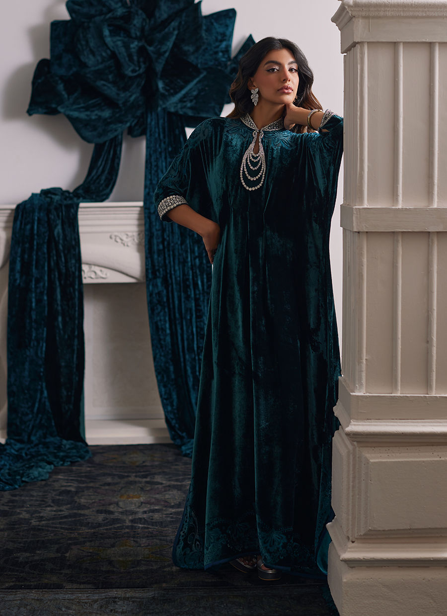 Farah Talib Aziz | Velvets The After Party | ALITA EMERALD KAFTAN - Official Farah Talib Aziz stockist in UK - Sakeena London