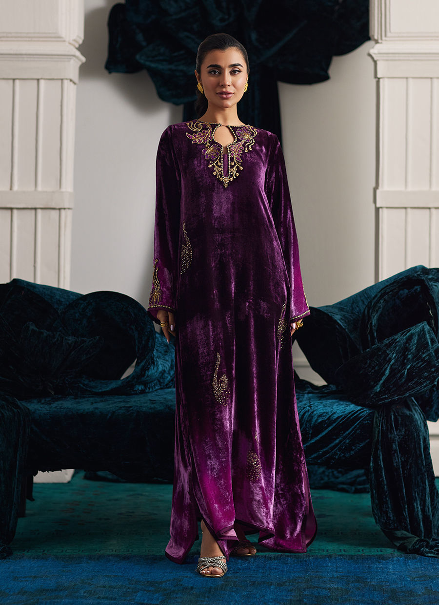 Farah Talib Aziz | Velvets The After Party | NIA OMBRE VELVET KAFTAN - Official Farah Talib Aziz stockist in UK - Sakeena London