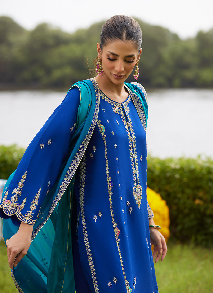 Farah Talib Aziz | Mayna Festive Luxe Pret | Opal Blue Shirt And Dupatta - Official Farah Talib Aziz stockist in UK - Sakeena London