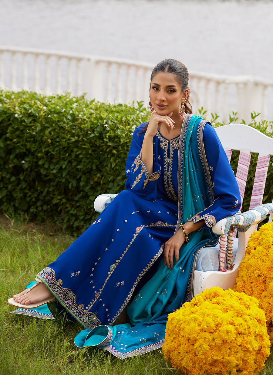 Farah Talib Aziz | Mayna Festive Luxe Pret | Opal Blue Shirt And Dupatta - Official Farah Talib Aziz stockist in UK - Sakeena London