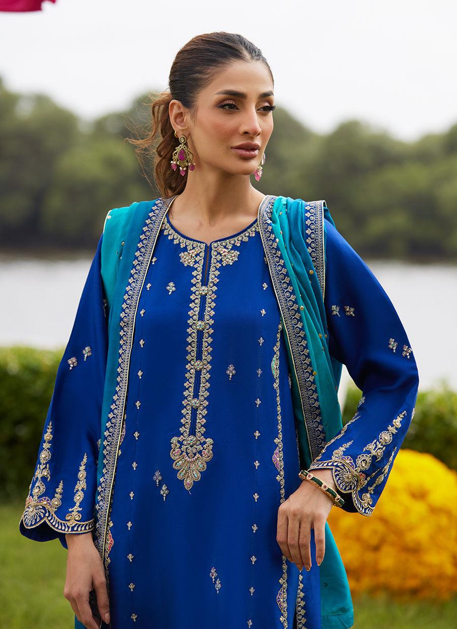 Farah Talib Aziz | Mayna Festive Luxe Pret | Opal Blue Shirt And Dupatta - Official Farah Talib Aziz stockist in UK - Sakeena London