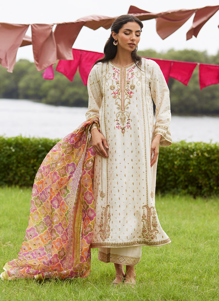 Farah Talib Aziz | Mayna Festive Luxe Pret | Ember Ivory Kurta And Dupatta - Official Farah Talib Aziz stockist in UK - Sakeena London