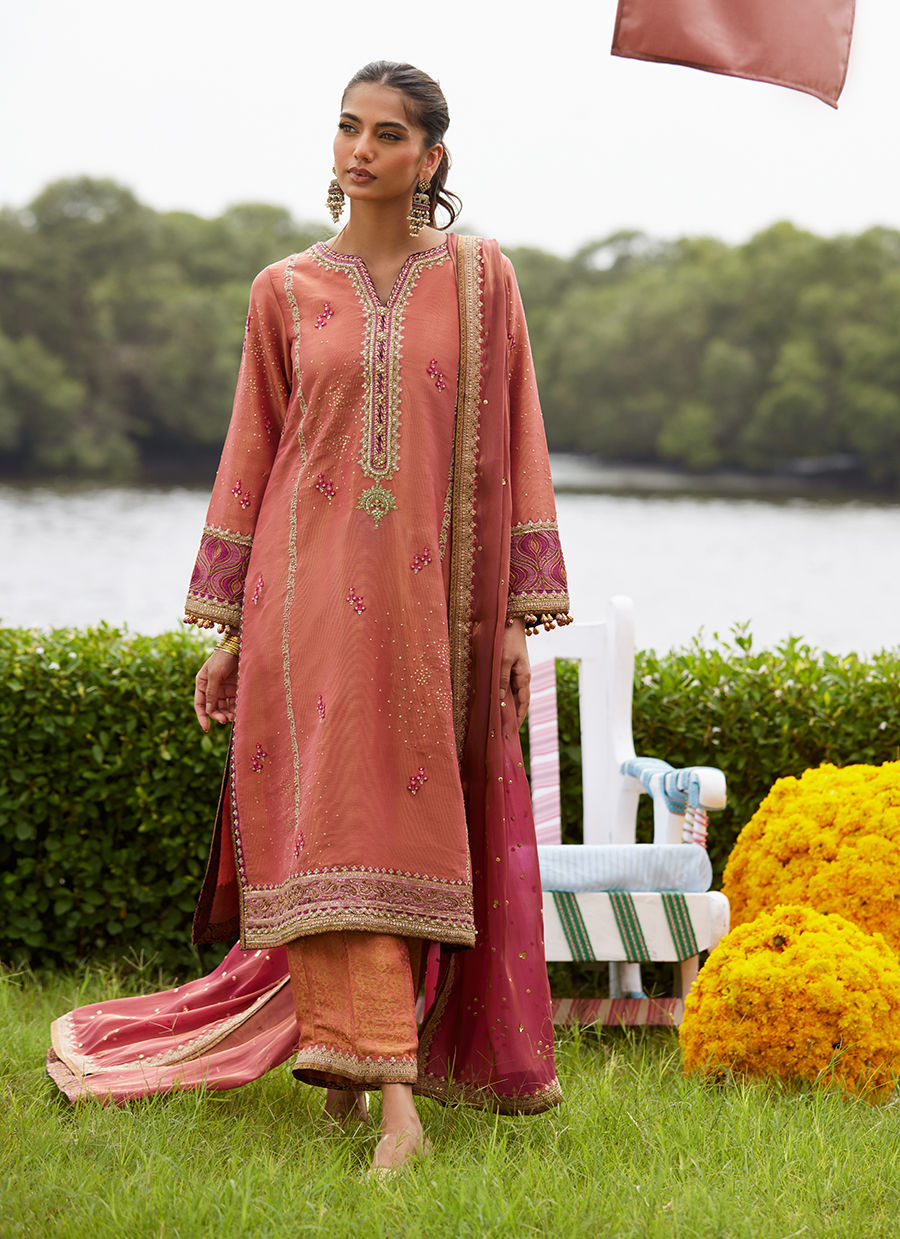 Farah Talib Aziz | Mayna Festive Luxe Pret | Rivaaz Coral Shirt And Dupatta - Official Farah Talib Aziz stockist in UK - Sakeena London