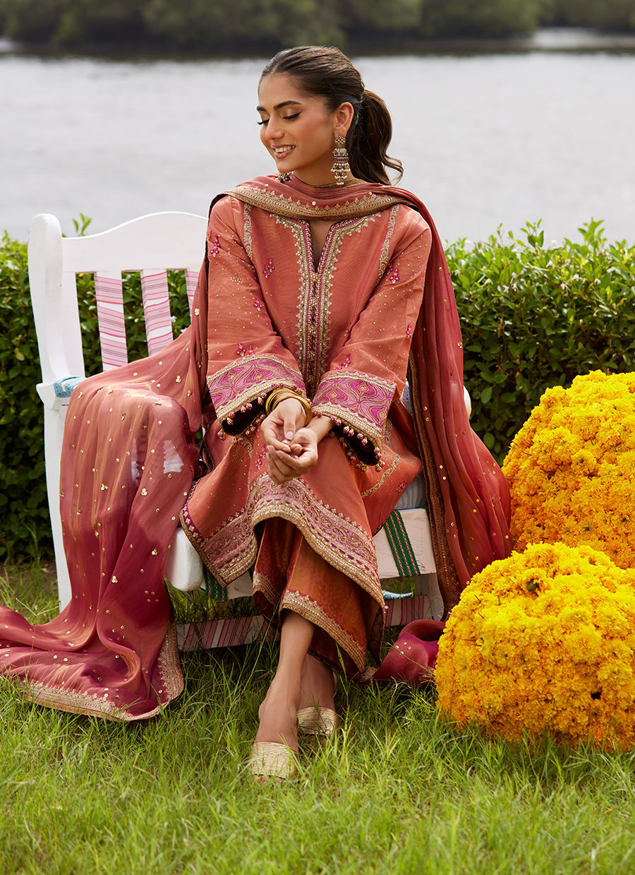 Farah Talib Aziz | Mayna Festive Luxe Pret | Rivaaz Coral Shirt And Dupatta - Official Farah Talib Aziz stockist in UK - Sakeena London