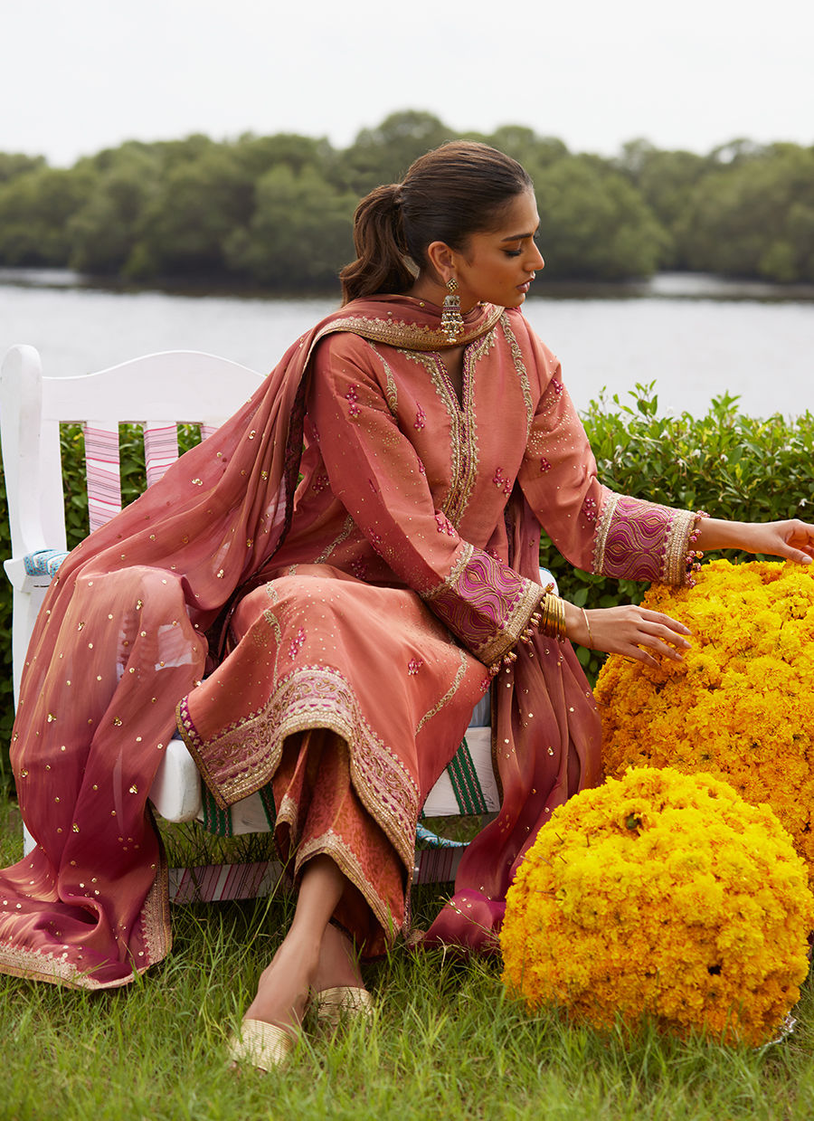 Farah Talib Aziz | Mayna Festive Luxe Pret | Rivaaz Coral Shirt And Dupatta - Official Farah Talib Aziz stockist in UK - Sakeena London