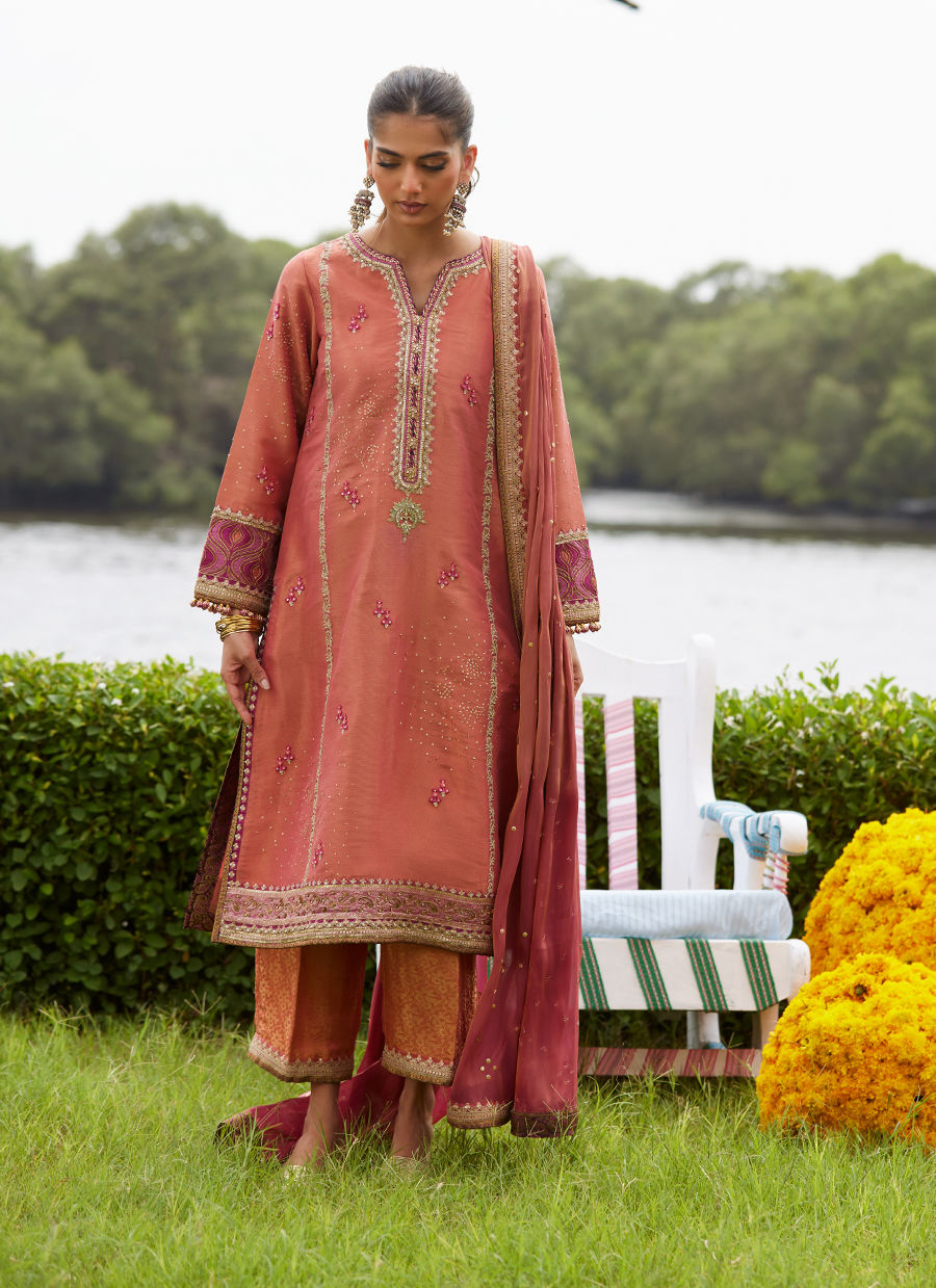 Farah Talib Aziz | Mayna Festive Luxe Pret | Rivaaz Coral Shirt And Dupatta - Official Farah Talib Aziz stockist in UK - Sakeena London