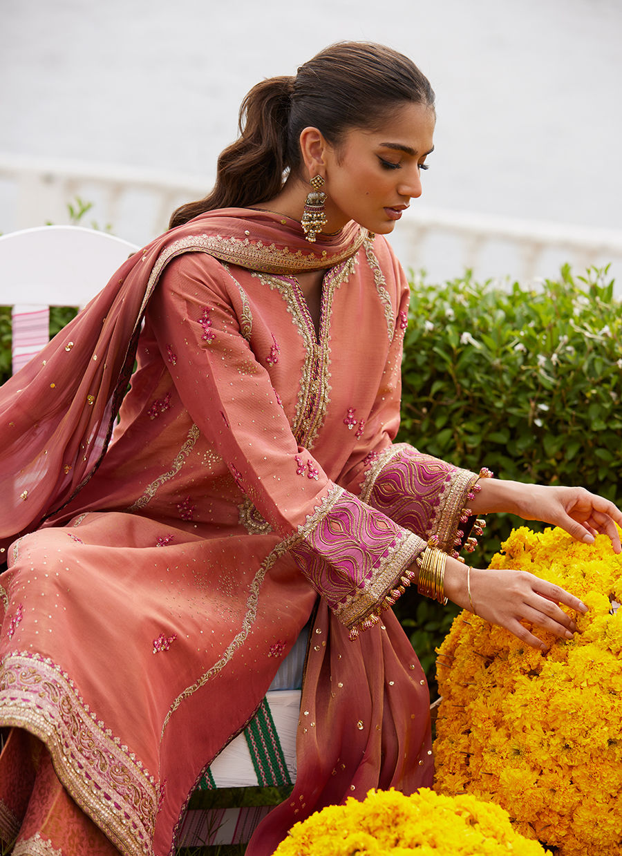 Farah Talib Aziz | Mayna Festive Luxe Pret | Rivaaz Coral Shirt And Dupatta - Official Farah Talib Aziz stockist in UK - Sakeena London