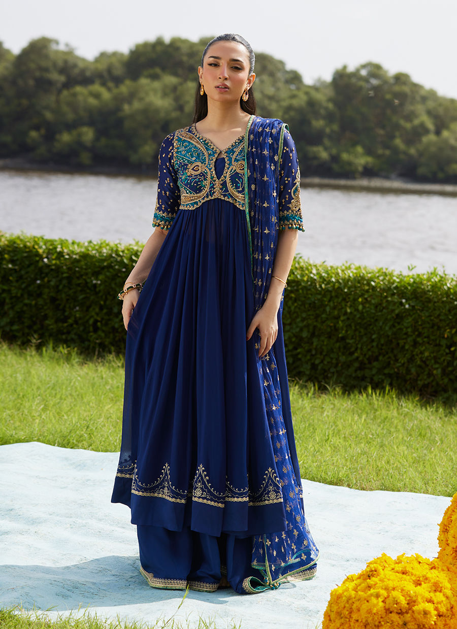 Farah Talib Aziz | Mayna Festive Luxe Pret | Zari Navy Kalidaar And Dupatta - Official Farah Talib Aziz stockist in UK - Sakeena London