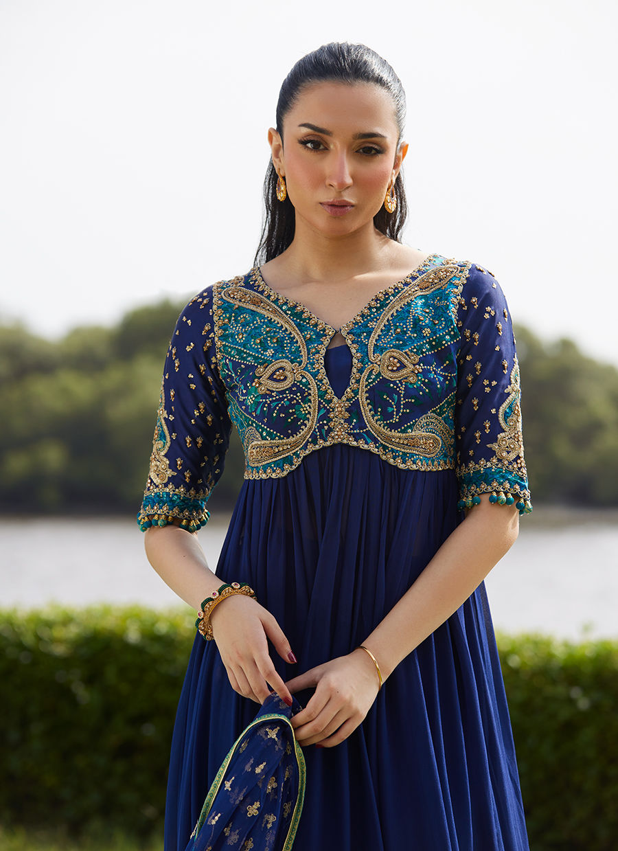 Farah Talib Aziz | Mayna Festive Luxe Pret | Zari Navy Kalidaar And Dupatta - Official Farah Talib Aziz stockist in UK - Sakeena London
