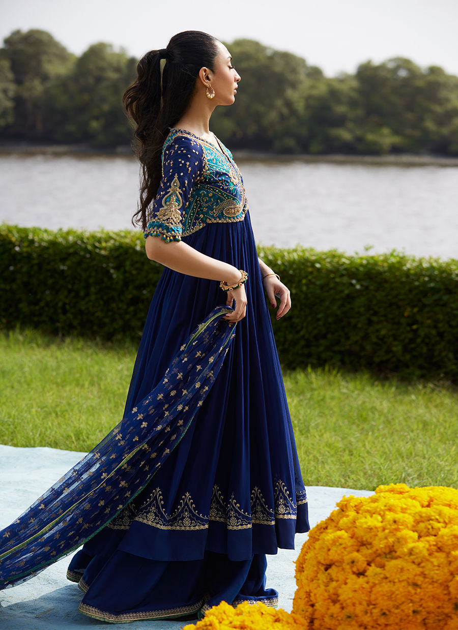 Farah Talib Aziz | Mayna Festive Luxe Pret | Zari Navy Kalidaar And Dupatta - Official Farah Talib Aziz stockist in UK - Sakeena London