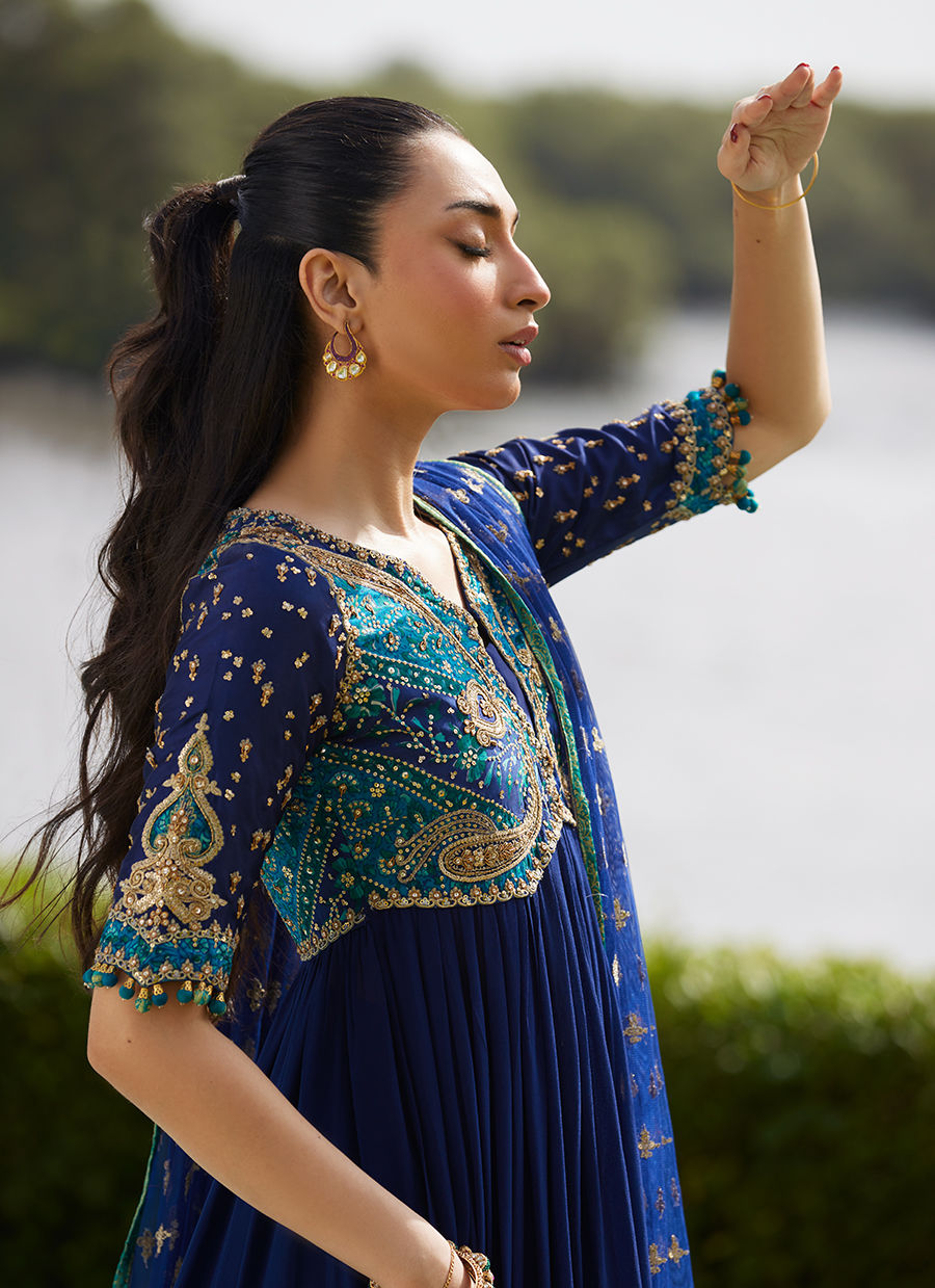 Farah Talib Aziz | Mayna Festive Luxe Pret | Zari Navy Kalidaar And Dupatta - Official Farah Talib Aziz stockist in UK - Sakeena London