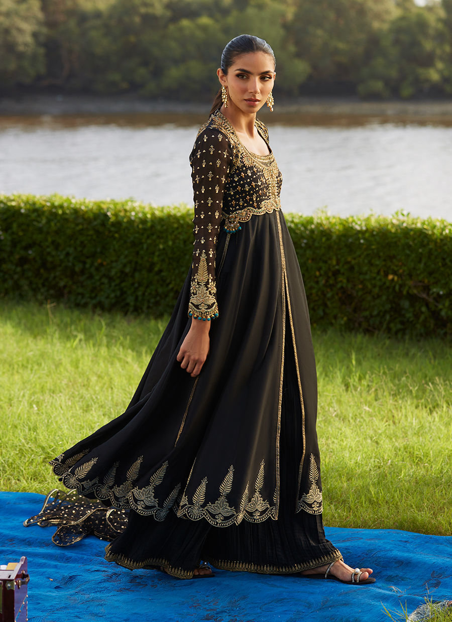 Farah Talib Aziz | Mayna Festive Luxe Pret | Mehzar Black Kalidaar And Dupatta - Official Farah Talib Aziz stockist in UK - Sakeena London