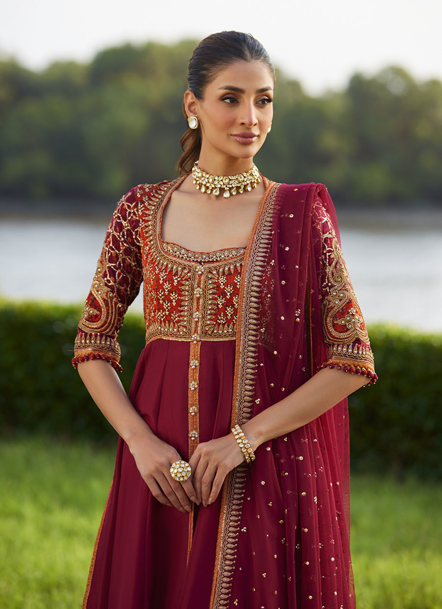 Farah Talib Aziz | Mayna Festive Luxe Pret | Anarq Crimson Kalidaar And Dupatta - Official Farah Talib Aziz stockist in UK - Sakeena London