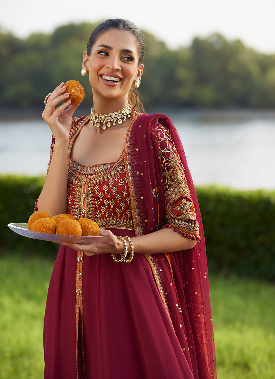 Farah Talib Aziz | Mayna Festive Luxe Pret | Anarq Crimson Kalidaar And Dupatta - Official Farah Talib Aziz stockist in UK - Sakeena London