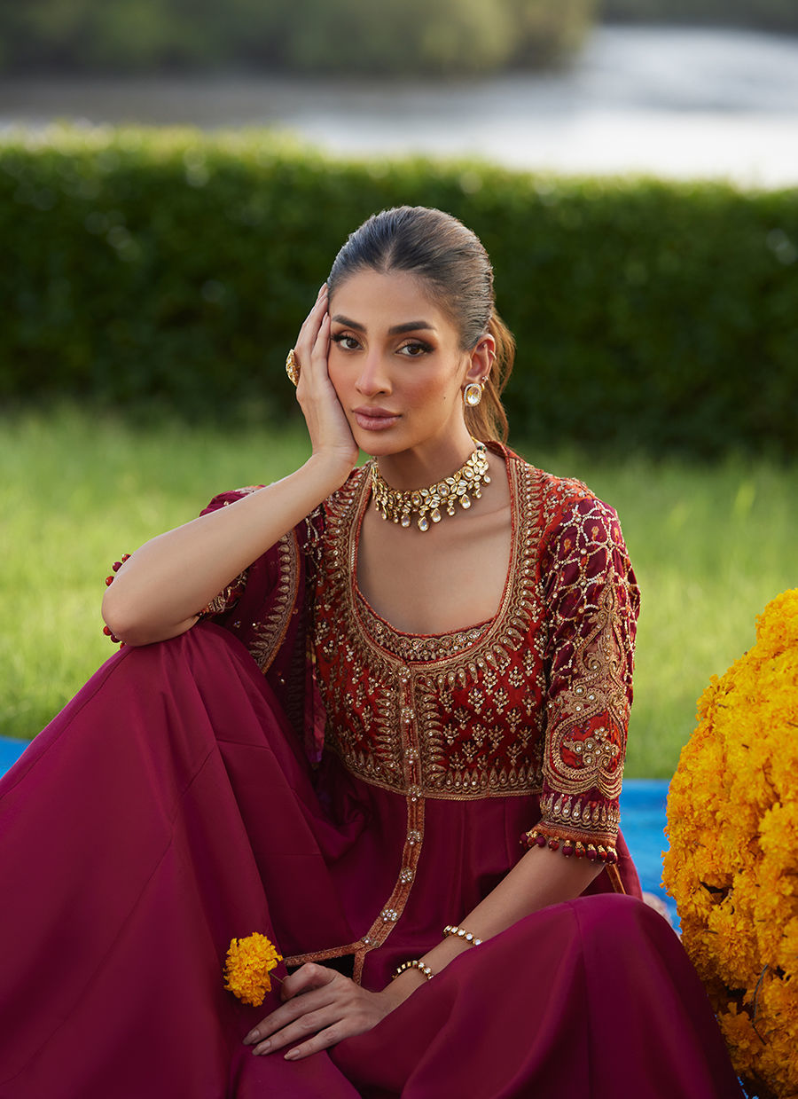 Farah Talib Aziz | Mayna Festive Luxe Pret | Anarq Crimson Kalidaar And Dupatta - Official Farah Talib Aziz stockist in UK - Sakeena London