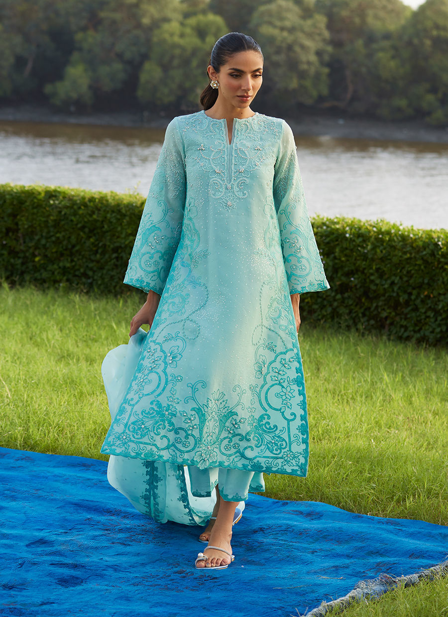 Farah Talib Aziz | Mayna Festive Luxe Pret | Wari Aqua Kurta And Dupatta - Official Farah Talib Aziz stockist in UK - Sakeena London