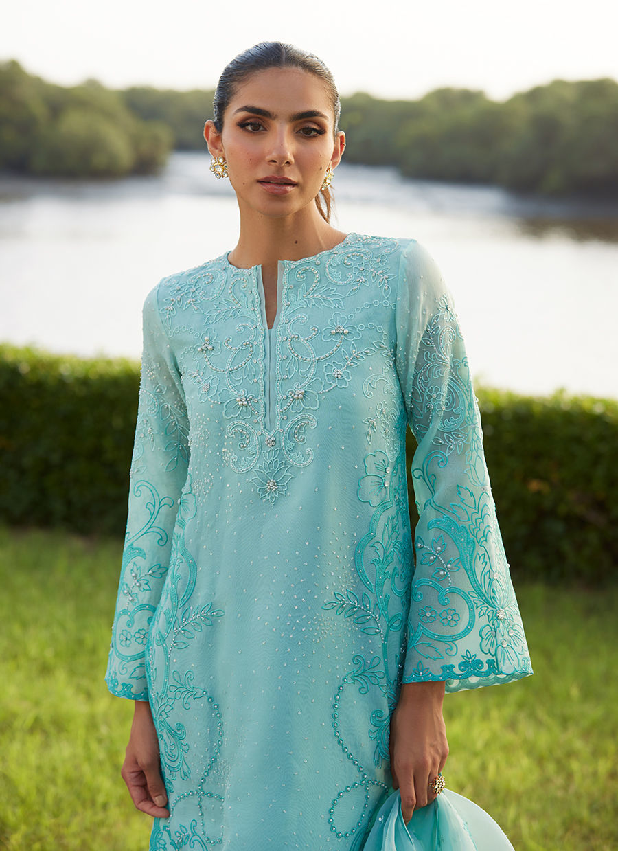Farah Talib Aziz | Mayna Festive Luxe Pret | Wari Aqua Kurta And Dupatta - Official Farah Talib Aziz stockist in UK - Sakeena London