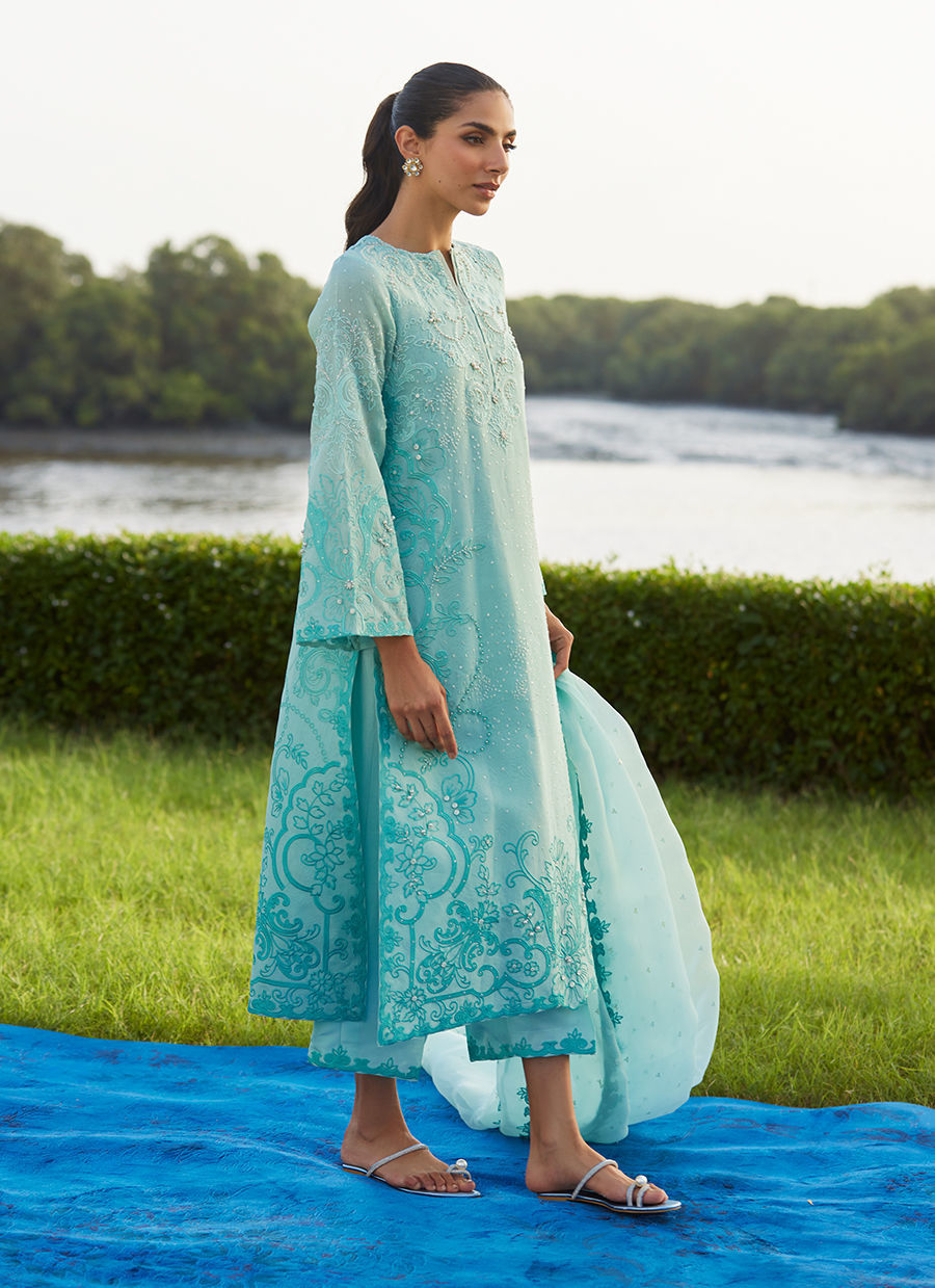 Farah Talib Aziz | Mayna Festive Luxe Pret | Wari Aqua Kurta And Dupatta - Official Farah Talib Aziz stockist in UK - Sakeena London