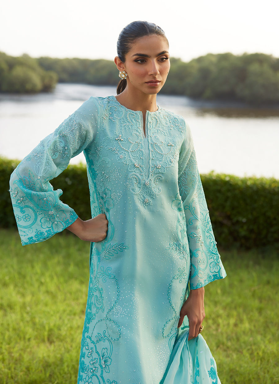 Farah Talib Aziz | Mayna Festive Luxe Pret | Wari Aqua Kurta And Dupatta - Official Farah Talib Aziz stockist in UK - Sakeena London