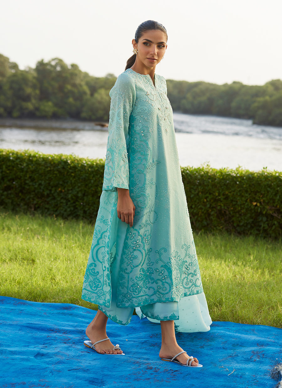 Farah Talib Aziz | Mayna Festive Luxe Pret | Wari Aqua Kurta And Dupatta - Official Farah Talib Aziz stockist in UK - Sakeena London