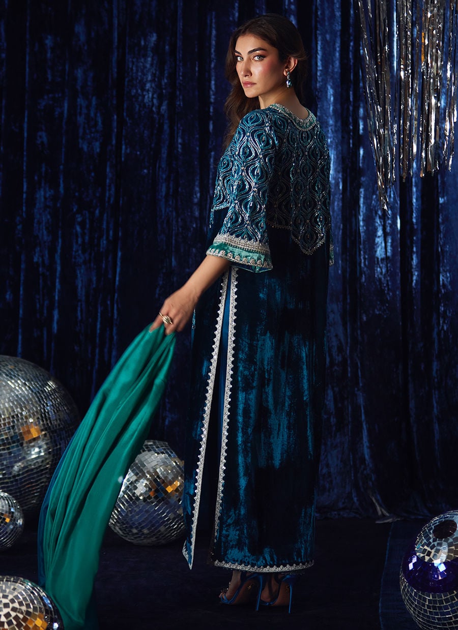 Farah Talib Aziz | Velvet Fete 4 | Teen Teal Shirt And Dupatta - Official Farah Talib Aziz stockist in UK - Sakeena London