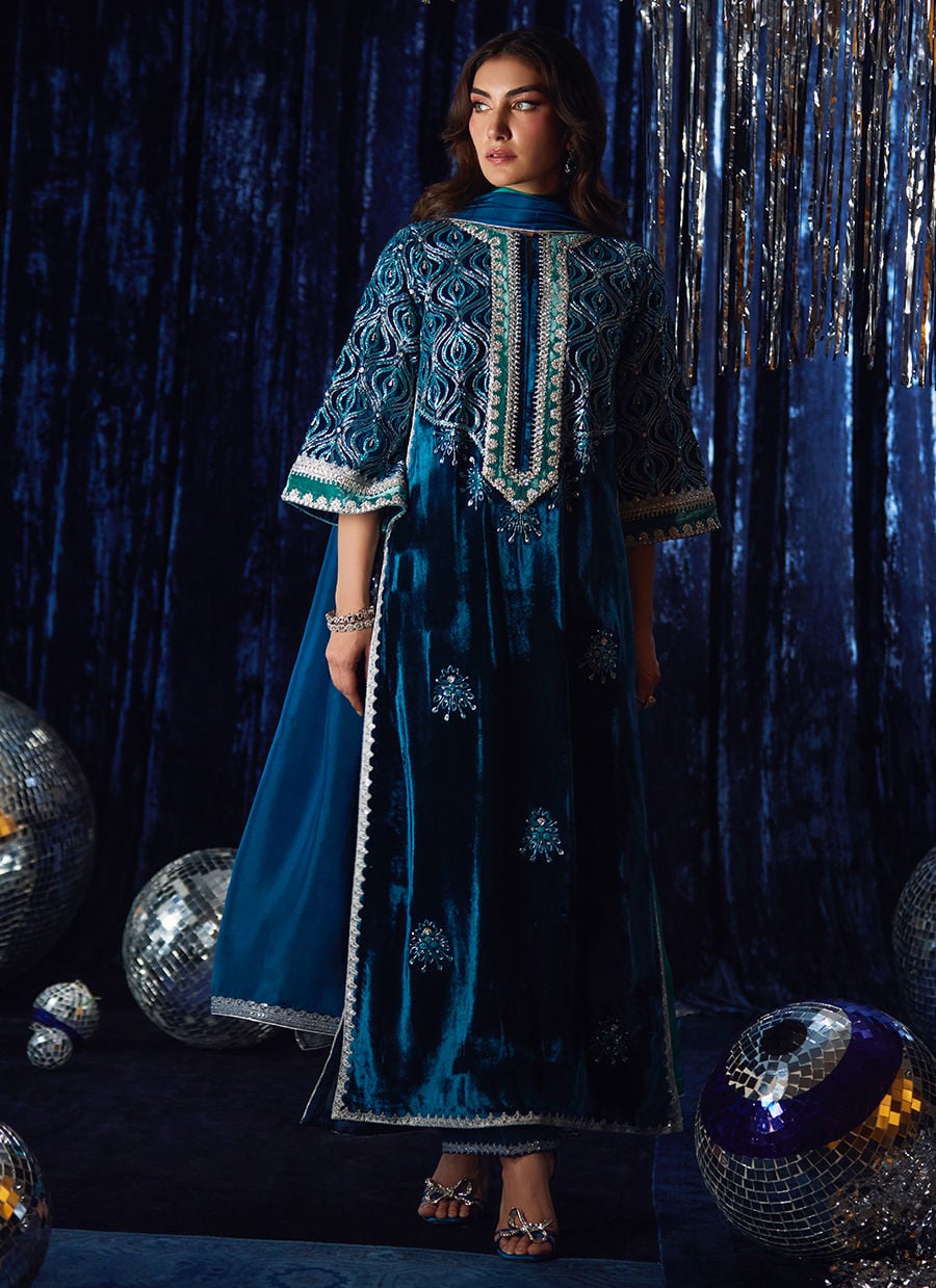 Farah Talib Aziz | Velvet Fete 4 | Teen Teal Shirt And Dupatta - Official Farah Talib Aziz stockist in UK - Sakeena London