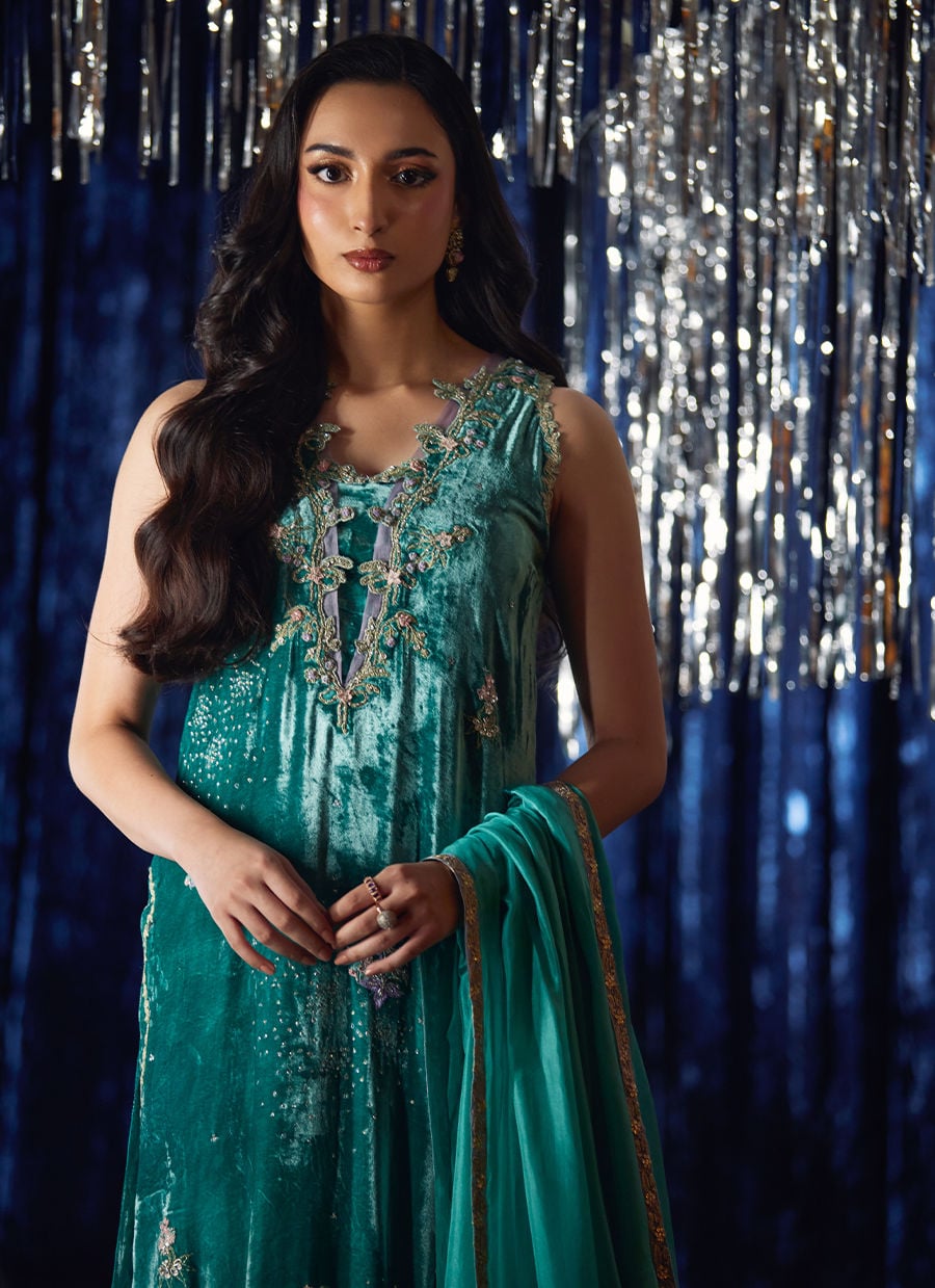 Farah Talib Aziz | Velvet Fete 4 | Ansy Aqua Shirt And Dupatta - Official Farah Talib Aziz stockist in UK - Sakeena London