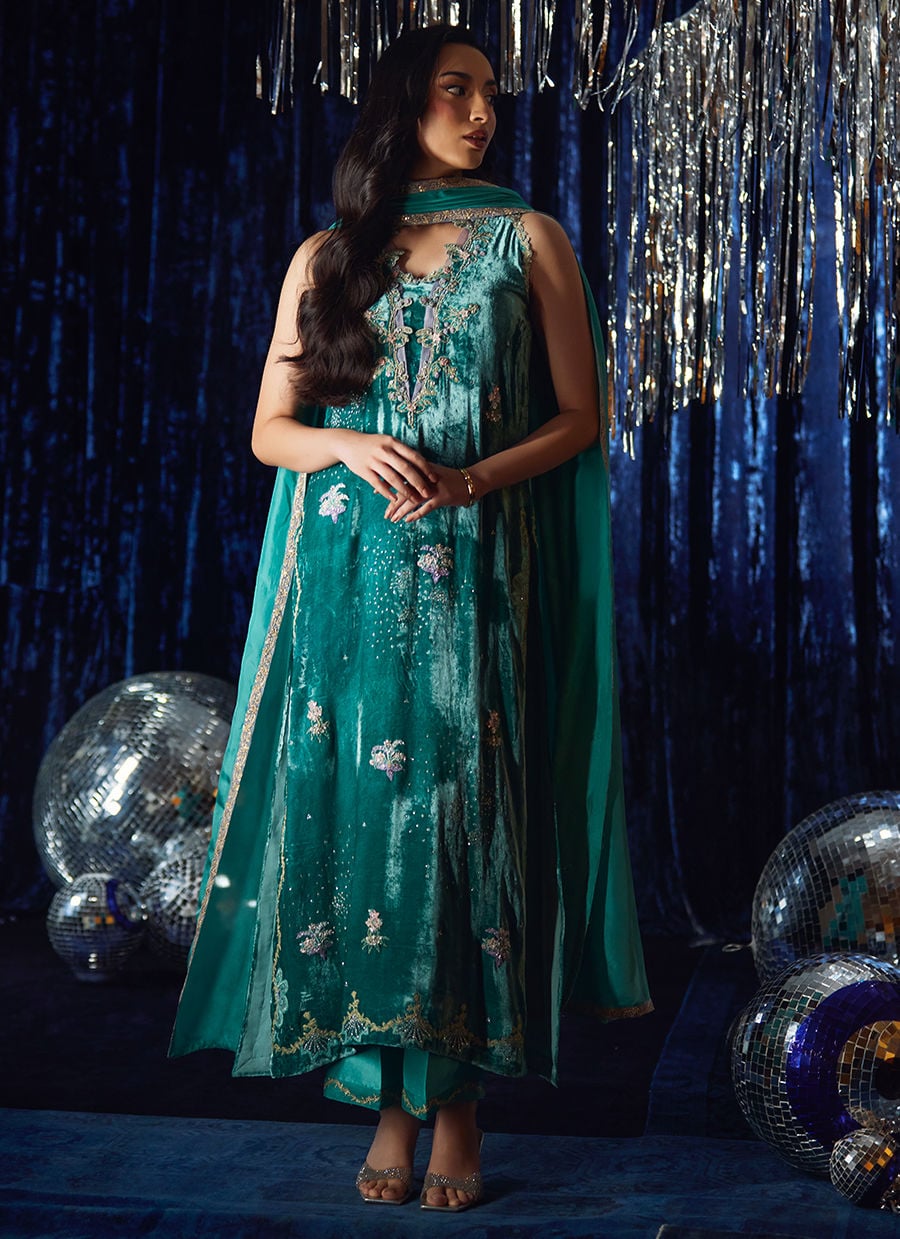Farah Talib Aziz | Velvet Fete 4 | Ansy Aqua Shirt And Dupatta - Official Farah Talib Aziz stockist in UK - Sakeena London