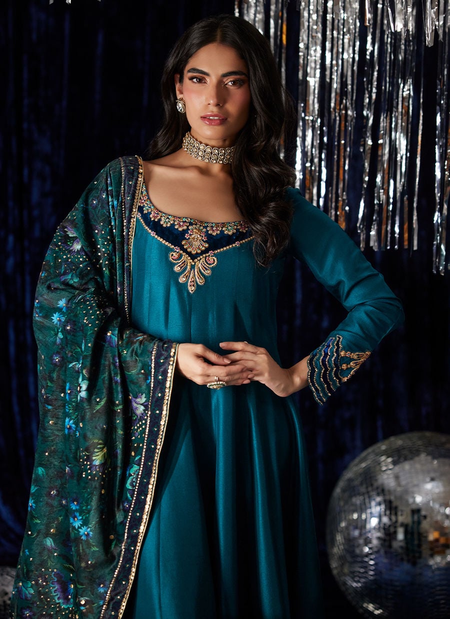 Farah Talib Aziz | Velvet Fete 4 | Amura Teal Kalidaar - Official Farah Talib Aziz stockist in UK - Sakeena London