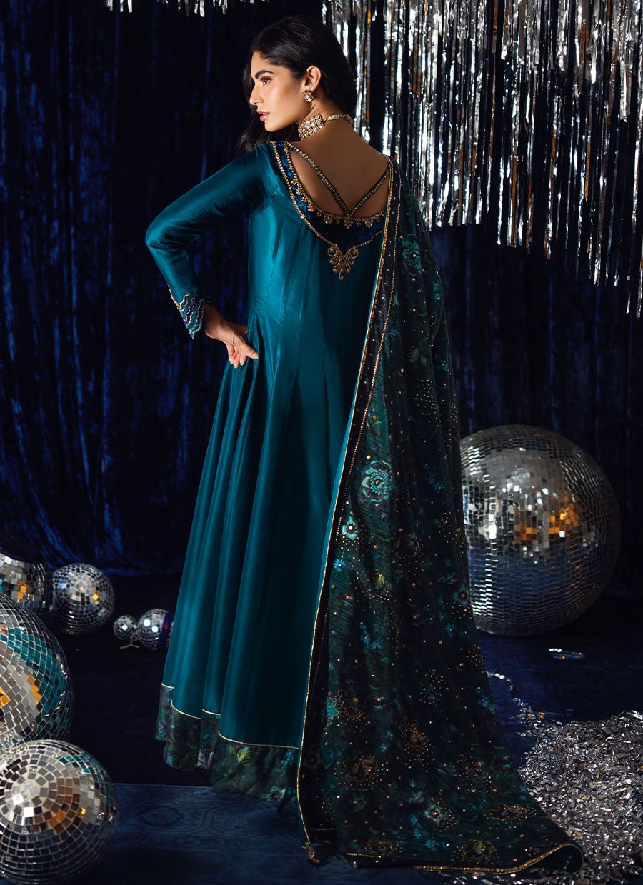 Farah Talib Aziz | Velvet Fete 4 | Amura Teal Kalidaar - Official Farah Talib Aziz stockist in UK - Sakeena London