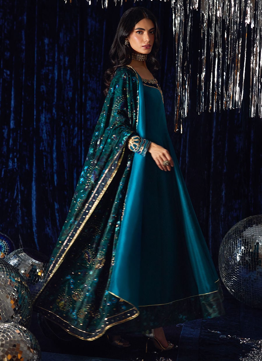 Farah Talib Aziz | Velvet Fete 4 | Amura Teal Kalidaar - Official Farah Talib Aziz stockist in UK - Sakeena London