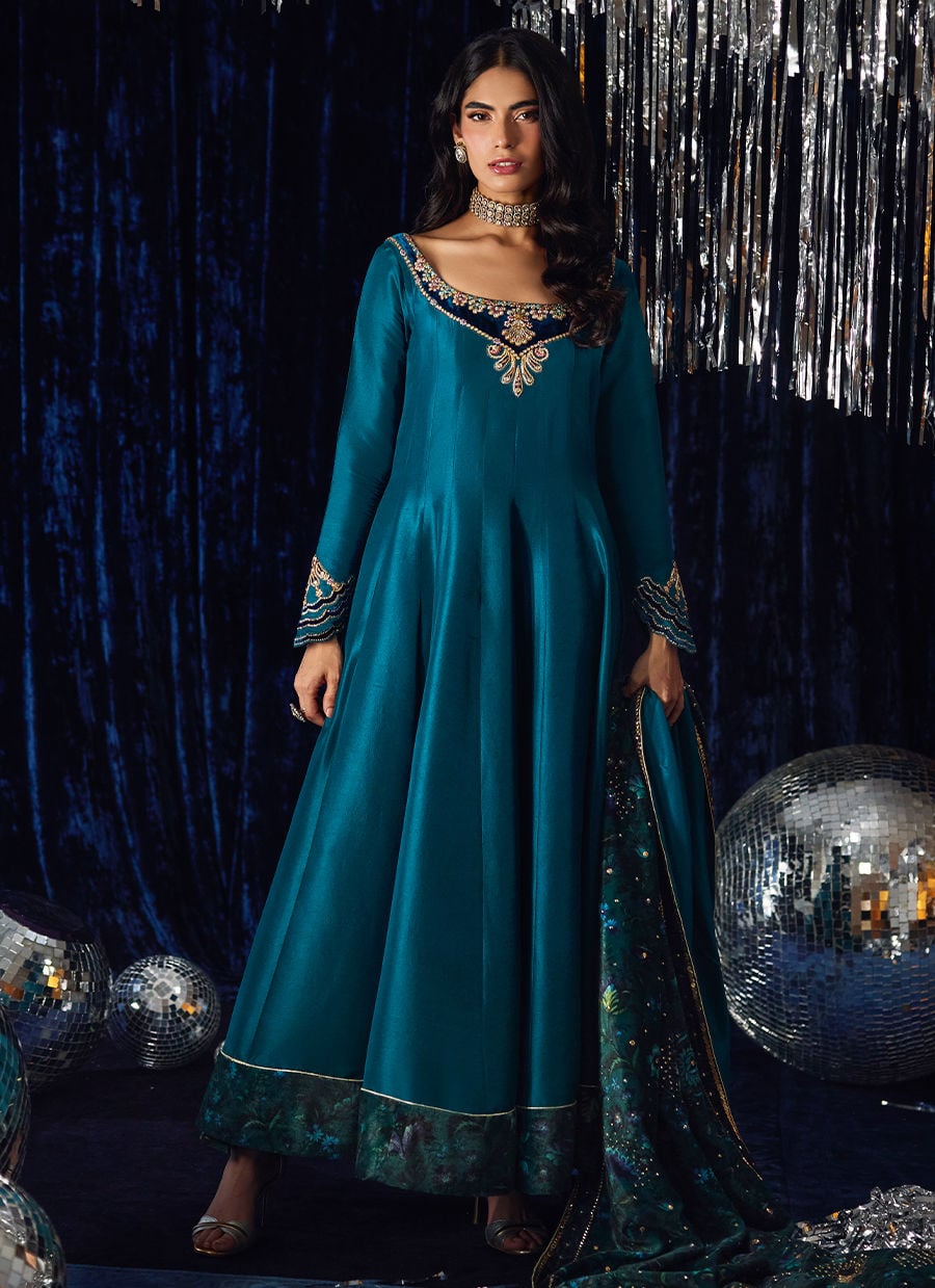 Farah Talib Aziz | Velvet Fete 4 | Amura Teal Kalidaar - Official Farah Talib Aziz stockist in UK - Sakeena London