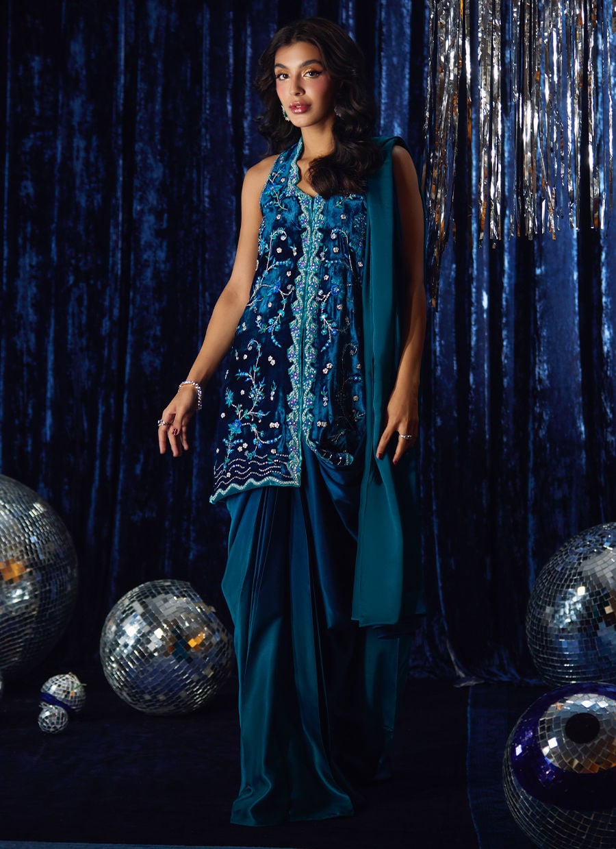 Farah Talib Aziz | Velvet Fete 4 | Pri Prussian Blue Saari Jacket - Official Farah Talib Aziz stockist in UK - Sakeena London
