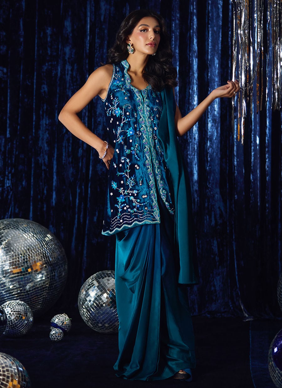 Farah Talib Aziz | Velvet Fete 4 | Pri Prussian Blue Saari Jacket - Official Farah Talib Aziz stockist in UK - Sakeena London