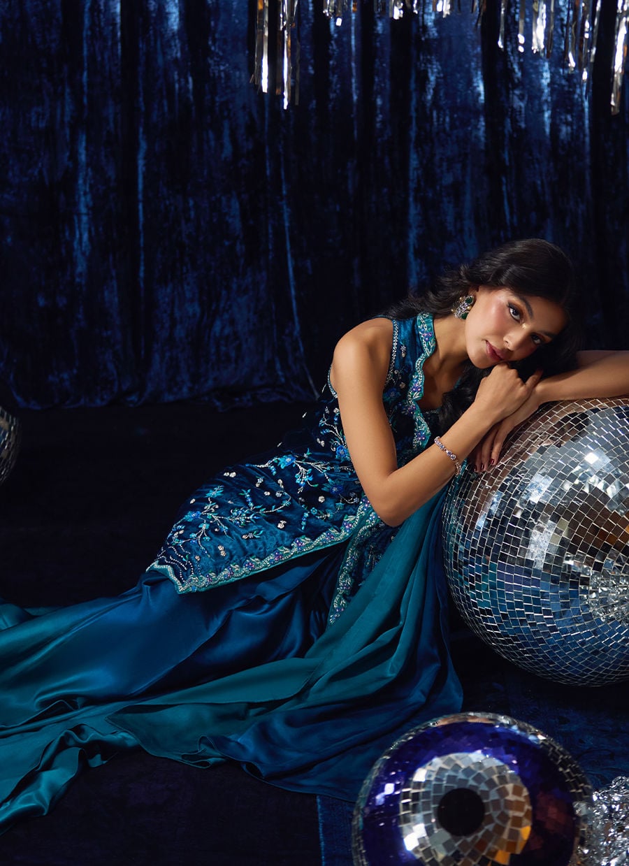 Farah Talib Aziz | Velvet Fete 4 | Pri Prussian Blue Saari Jacket - Official Farah Talib Aziz stockist in UK - Sakeena London