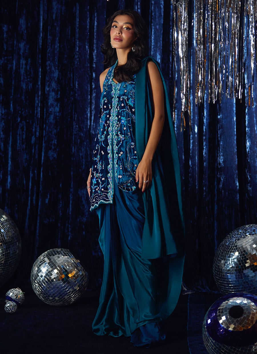Farah Talib Aziz | Velvet Fete 4 | Pri Prussian Blue Saari Jacket - Official Farah Talib Aziz stockist in UK - Sakeena London