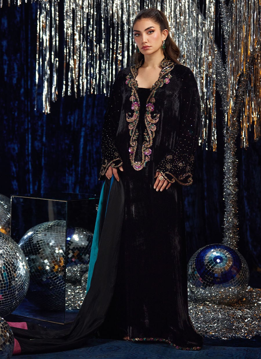 Farah Talib Aziz | Velvet Fete 4 | Nori Black Kaftan - Official Farah Talib Aziz stockist in UK - Sakeena London