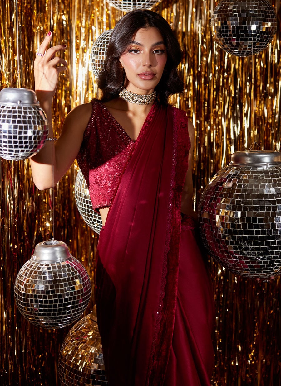 Farah Talib Aziz | Velvet Fete 4 | Carmine Charmeuse Saree And Velvet Blouse - Official Farah Talib Aziz stockist in UK - Sakeena London