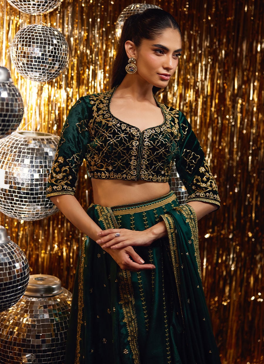 Farah Talib Aziz | Velvet Fete 4 | Sera Emerald Lehnga Choli - Official Farah Talib Aziz stockist in UK - Sakeena London