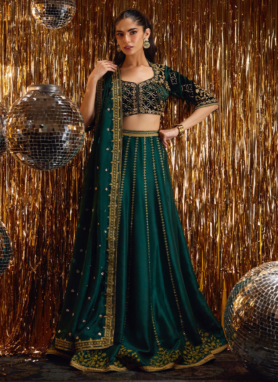 Farah Talib Aziz | Velvet Fete 4 | Sera Emerald Lehnga Choli - Official Farah Talib Aziz stockist in UK - Sakeena London